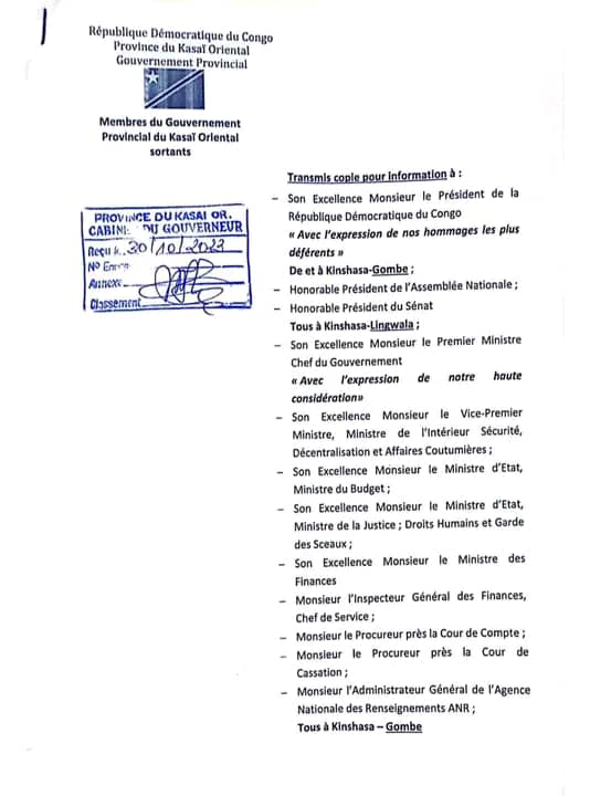 KasaïOriental les membres du gouvernement sortants conditionnent la